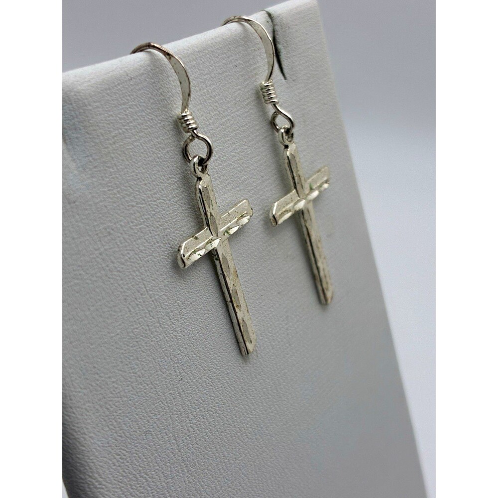 VTG 925 Sterling Silver Cross Earrings Diamond Cut Textured Dangle Pierced